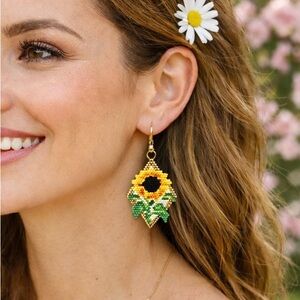Hand Crafted Sunflower Beaded Earrings